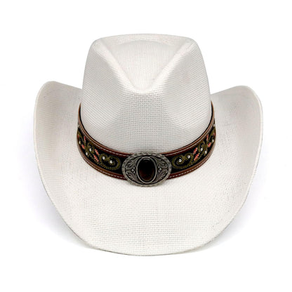 Cowboy Hat For Women Men Straw Cowgirl Hat W/ Faux Leather Embroideries | White - Foeran