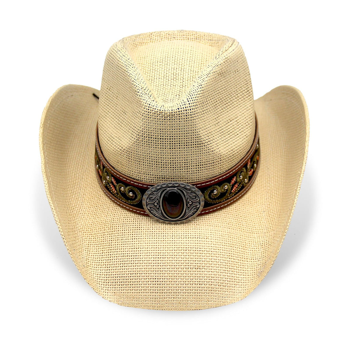 Cowboy Hat For Women Men Straw Cowgirl Hat W/ Faux Leather Embroideries | Beige - Foeran
