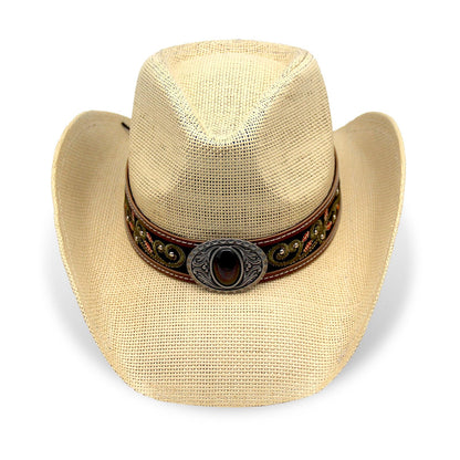 Cowboy Hat For Women Men Straw Cowgirl Hat W/ Faux Leather Embroideries | Beige - Foeran