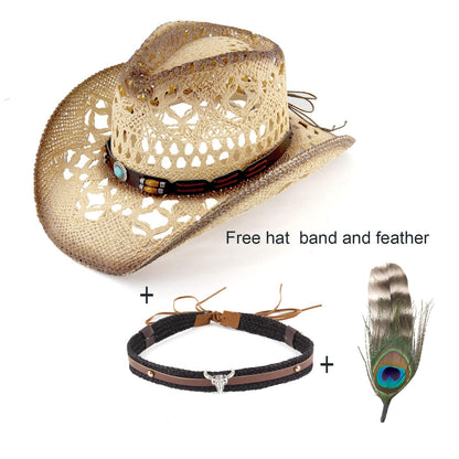 Turquoise Belt | Western Cowboy Hat Unique Cowgirl Hat Straw Sun Hat Country Hat | With Feather - Foeran