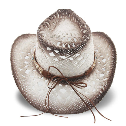 Energy Crystal | Men's Women's Straw Cowboy Hat Cowgirl Woven Sun Hat W/ 2 Decorative Bands | White - Foeran
