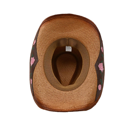 Victorian Style | Straw Cowboy & Cowgirl Hat Western Country Hat WIth Embroidered Leather Decor Band | Brown - Foeran