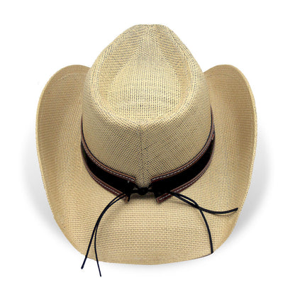 Cowboy Hat For Women Men Straw Cowgirl Hat W/ Faux Leather Embroideries | Beige - Foeran