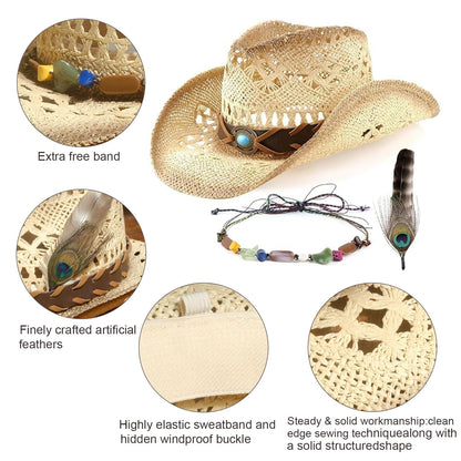 Peacock Blue | Western Cowboy Hat Unique Cowgirl Hat Straw Sun Hat Country Hat | With Feather - Foeran