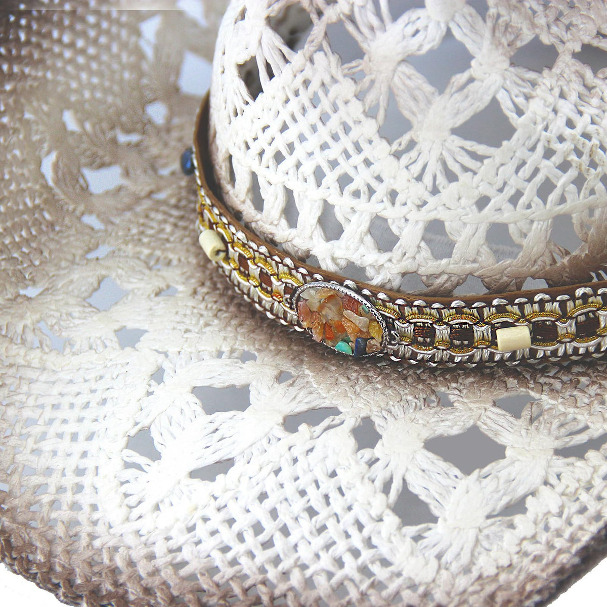 Energy Crystal | Men's Women's Straw Cowboy Hat Cowgirl Woven Sun Hat W/ 2 Decorative Bands | White - Foeran