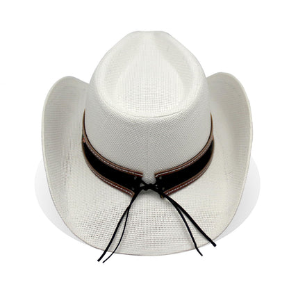 Cowboy Hat For Women Men Straw Cowgirl Hat W/ Faux Leather Embroideries | White - Foeran
