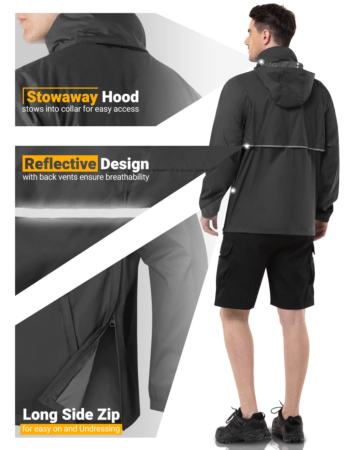 Packable Rain Jacket Men's Lightweight Waterproof Rain Shell Jacket Raincoat with Hood for Golf Cycling Windbreaker - Foeran