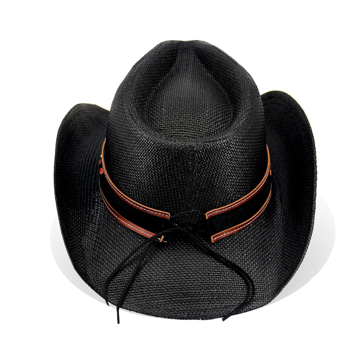 Cowboy Hat For Women Men Straw Cowgirl Hat W/ Faux Leather Embroideries | Black - Foeran