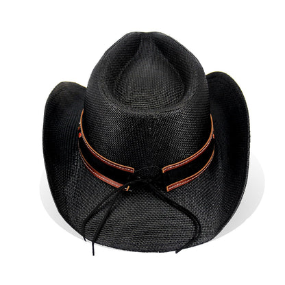 Cowboy Hat For Women Men Straw Cowgirl Hat W/ Faux Leather Embroideries | Black - Foeran