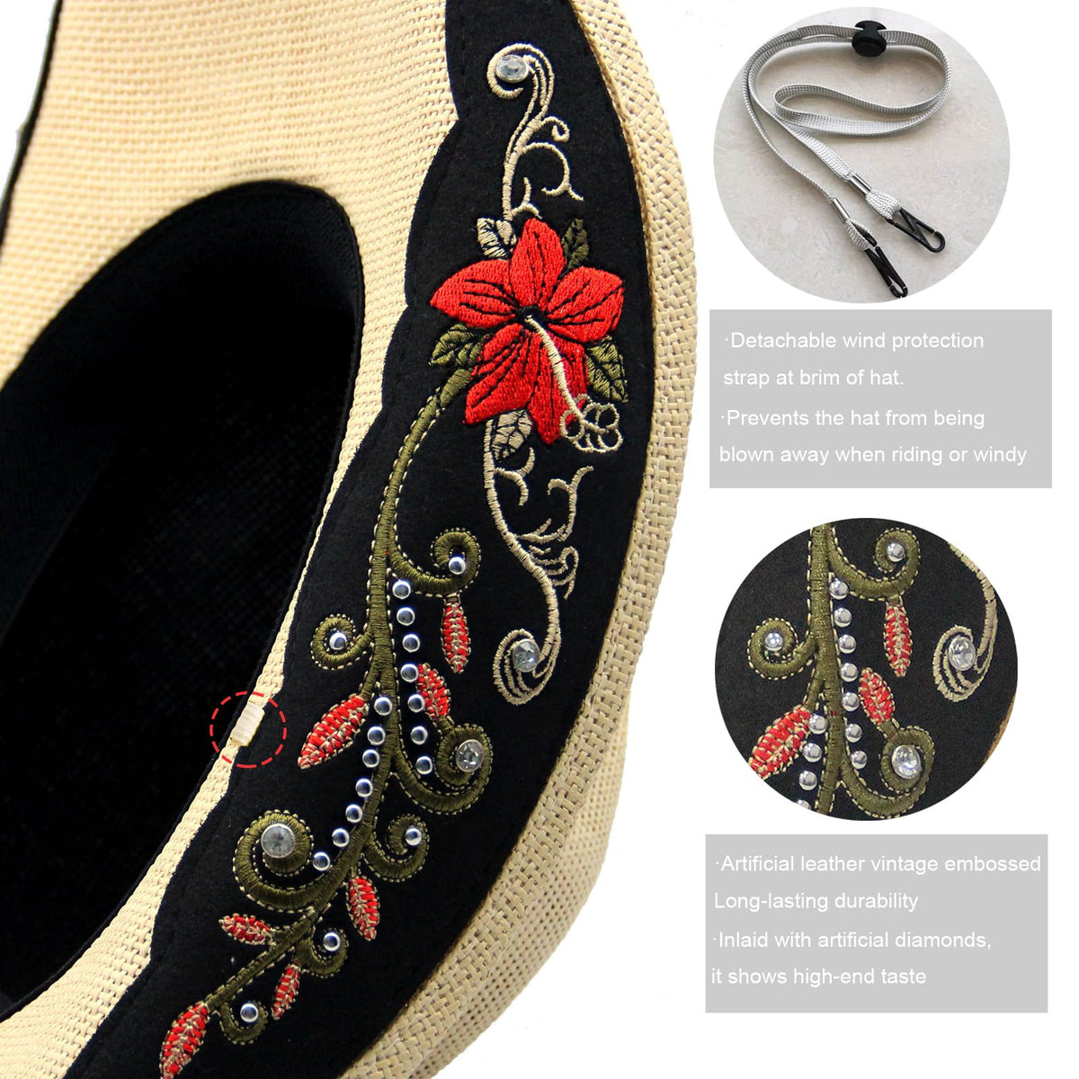 Cowboy Hat For Women Men Straw Cowgirl Hat W/ Faux Leather Embroideries | Beige - Foeran