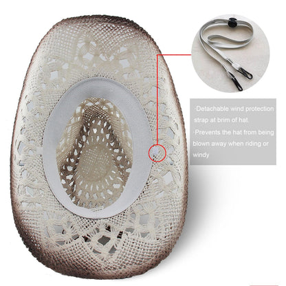Energy Crystal | Men's Women's Straw Cowboy Hat Cowgirl Woven Sun Hat W/ 2 Decorative Bands | White - Foeran