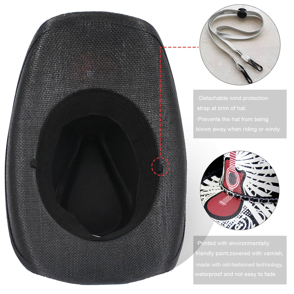 Rock Guitar | Special Men's & Women's Cowboy Hat Straw Cowgirl Hat | Black - Foeran