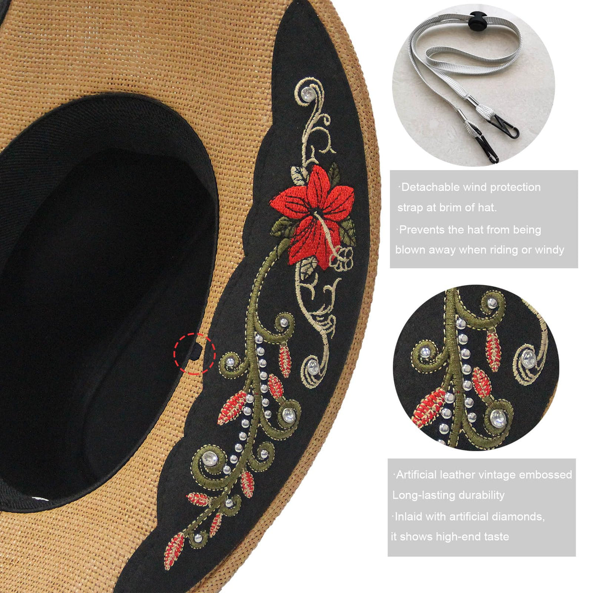 Cowboy Hat For Women Men Straw Cowgirl Hat W/ Faux Leather Embroideries | Nature - Foeran