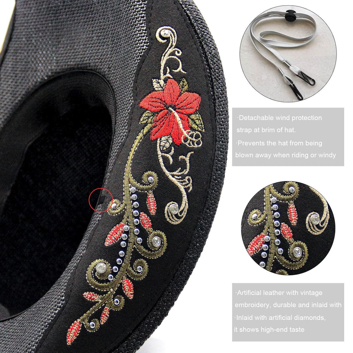 Cowboy Hat For Women Men Straw Cowgirl Hat W/ Faux Leather Embroideries | Black - Foeran