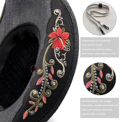 Cowboy Hat For Women Men Straw Cowgirl Hat W/ Faux Leather Embroideries | Black - Foeran