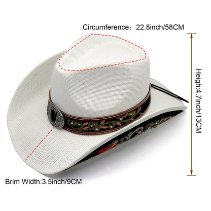 Cowboy Hat For Women Men Straw Cowgirl Hat W/ Faux Leather Embroideries | White - Foeran