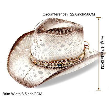 Energy Crystal | Men's Women's Straw Cowboy Hat Cowgirl Woven Sun Hat W/ 2 Decorative Bands | White - Foeran