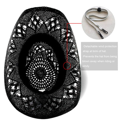 Men's Women's Straw Cowboy Hat Cowgirl Woven Sun Hat Country Hat | Black - Foeran
