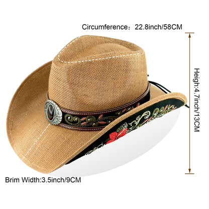 Cowboy Hat For Women Men Straw Cowgirl Hat W/ Faux Leather Embroideries | Nature - Foeran