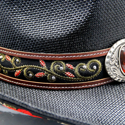 Cowboy Hat For Women Men Straw Cowgirl Hat W/ Faux Leather Embroideries | Black - Foeran
