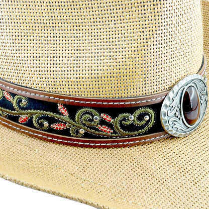 Cowboy Hat For Women Men Straw Cowgirl Hat W/ Faux Leather Embroideries | Beige - Foeran