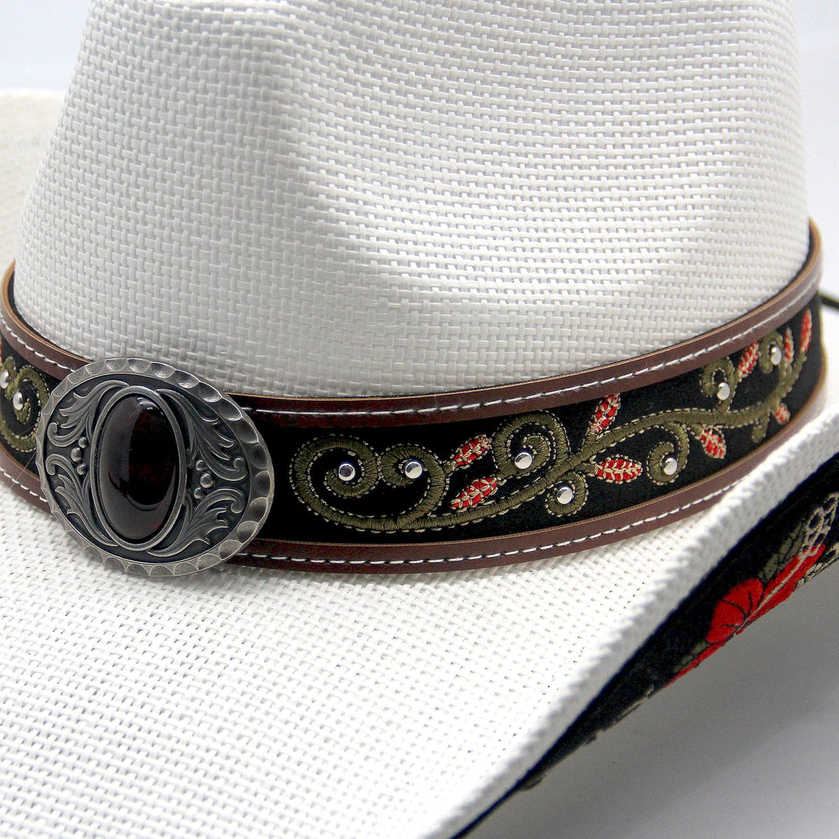 Cowboy Hat For Women Men Straw Cowgirl Hat W/ Faux Leather Embroideries | White - Foeran