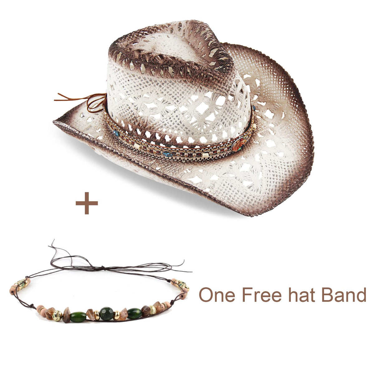 Energy Crystal | Men's Women's Straw Cowboy Hat Cowgirl Woven Sun Hat W/ 2 Decorative Bands | White - Foeran